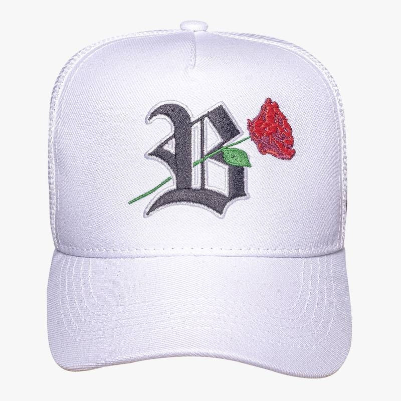 Blck Snapback Trucker white Logo black Flower.