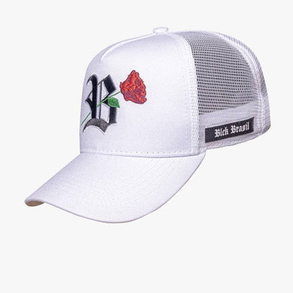 Blck Snapback Trucker white Logo black Flower.