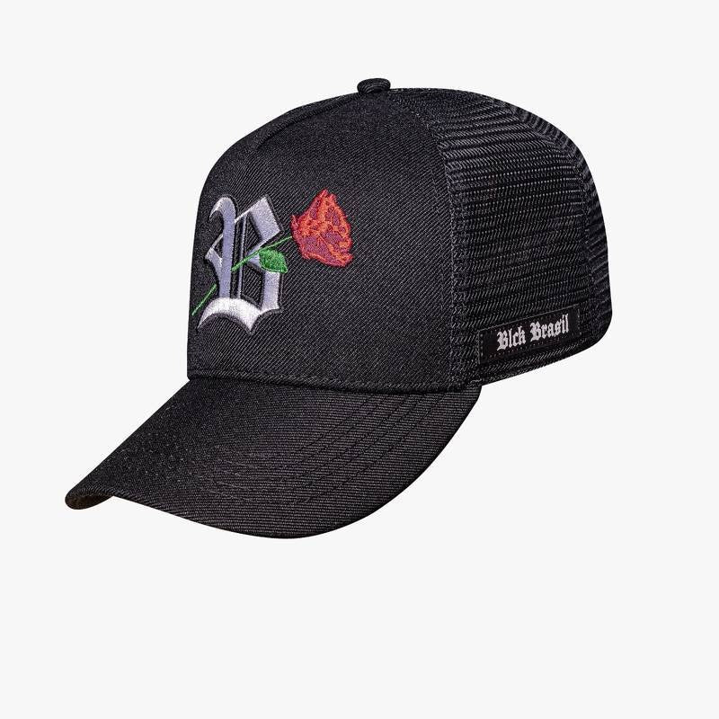 Snapback Trucker Black Logo White Flower