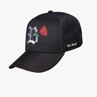 Snapback Trucker Black Logo White Flower